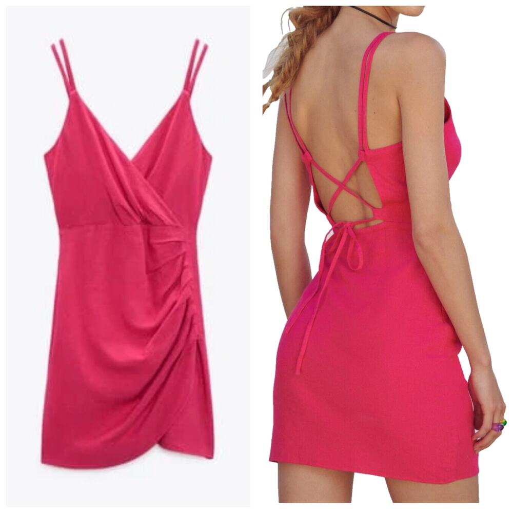 NWT Zara Pink Fuchsia Linen Blend Mini Dress Size Large 3275/939 Tie Up Back